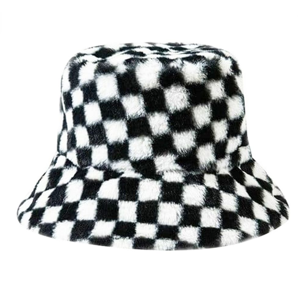 Maz Checkerboard Fluffy Faux Fur Bucket Hat