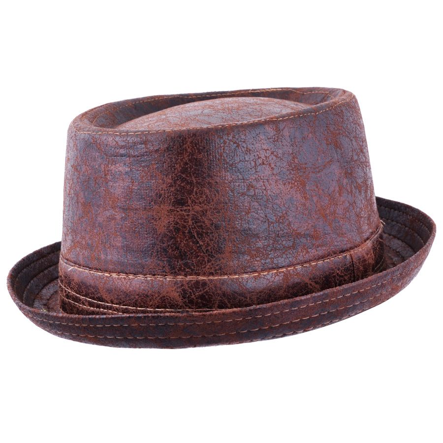 Maz Cracked Leather Distressed Vintage Pork Pie Hat, Brown