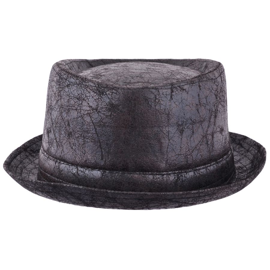Maz Cracked Leather Distressed Vintage Pork Pie Hat, Black