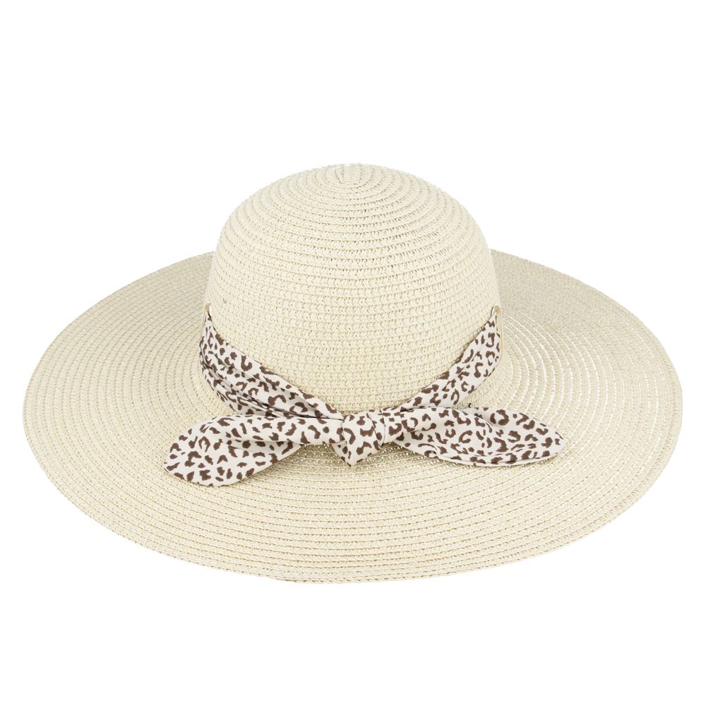 Maz Ladies Summer Paper Straw Wide Brim Floppy Hat With Leopard Band