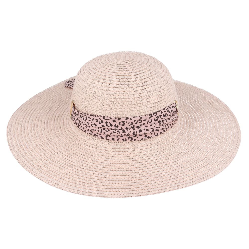 Maz Ladies Summer Paper Straw Wide Brim Floppy Hat With Leopard Band