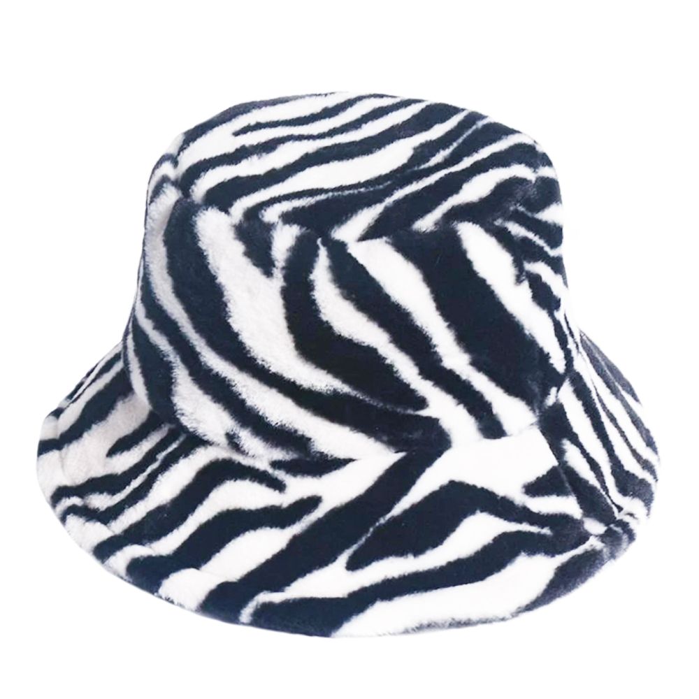 Maz Zebra Print Fluffy Faux Fur Bucket Hat