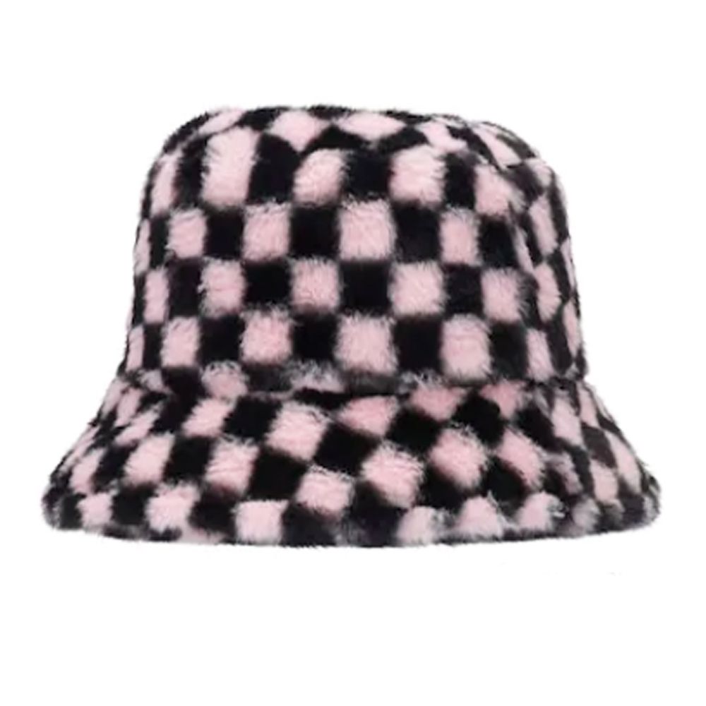 Maz Checkerboard Fluffy Faux Fur Bucket Hat