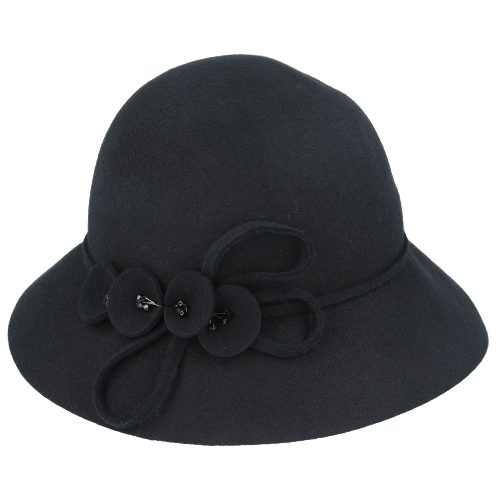 Maz Ladies Chic Vintage Wool Cloche Hat With Flower & Strap Belt Around