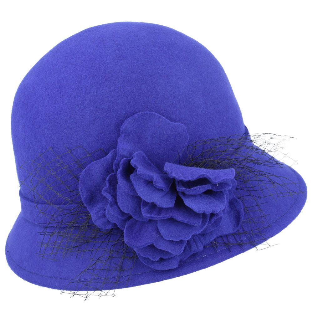 Maz Chic Vintage Wool Cloche Hat With Flower & Mesh Yarn