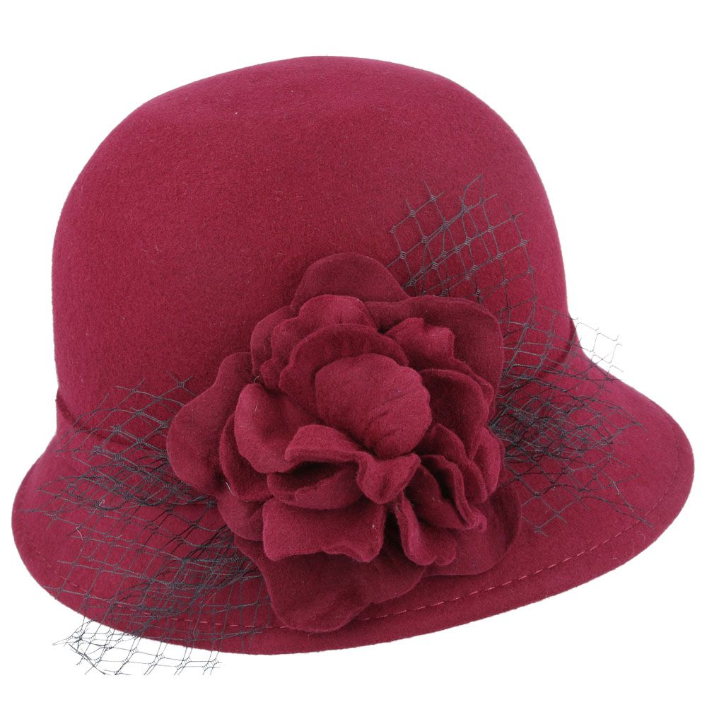 Maz Chic Vintage Wool Cloche Hat With Flower & Mesh Yarn