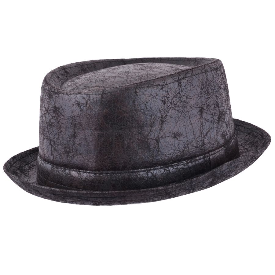 Maz Cracked Leather Distressed Vintage Pork Pie Hat, Black