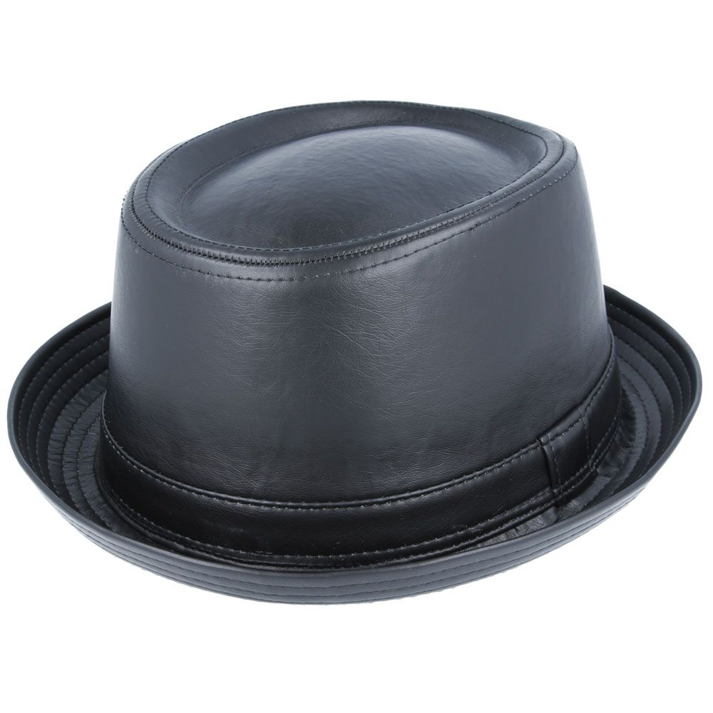 Maz Vintage Leather Look Pork Pie Hat, Mat Black