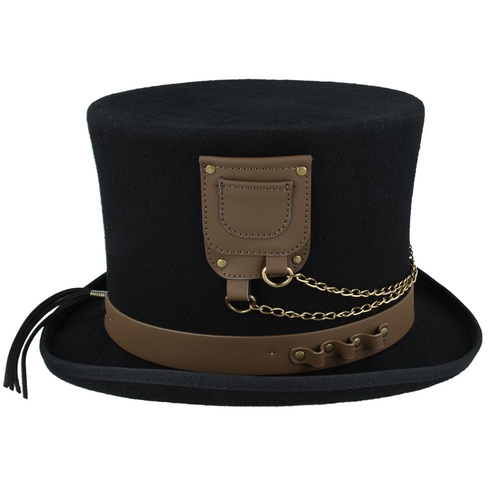Maz Gothic Victorian Steampunk Top Hat With Laced Brown Leather Look Band