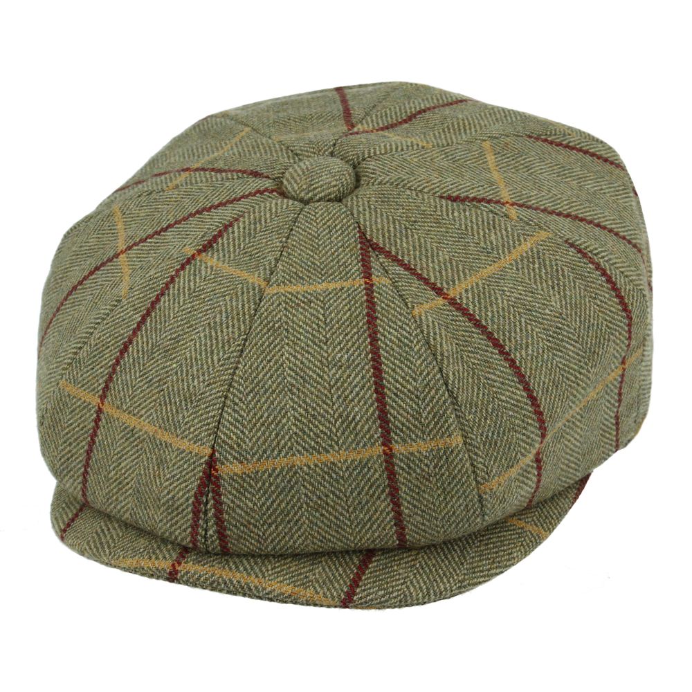 Maz Wool Tweed Newsboy Cap With Durable Green & Red Stripes